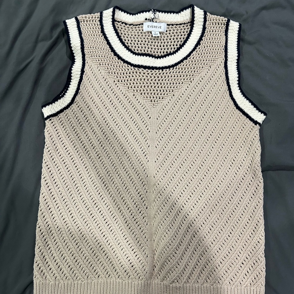 Evereve Open-Weave Knit Tank in Beige with Black & White Trim